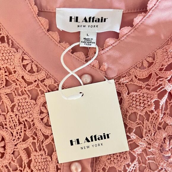 HL AFFAIR Lace Panel Long Sleeve Blouse Top, Romantic Pink/Blush Size Large, NWT - Picture 7 of 11